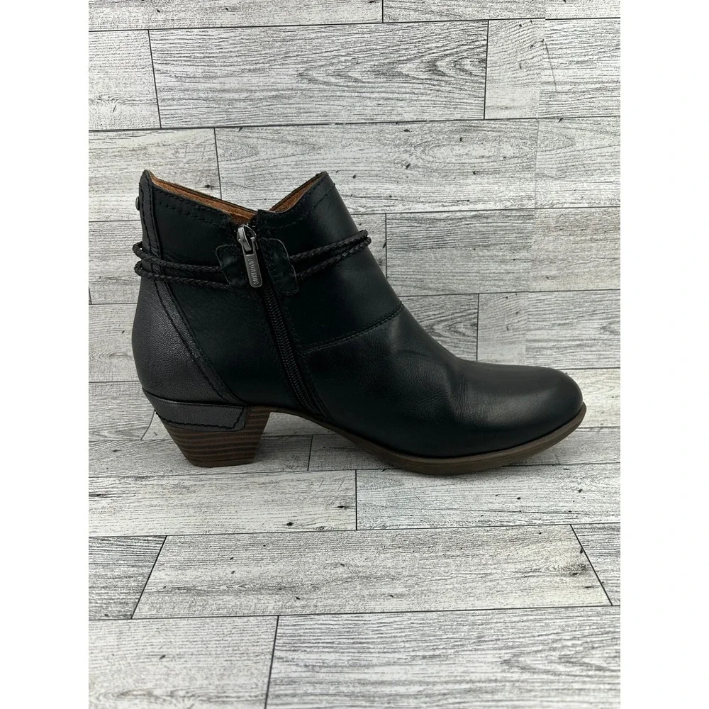 Pikolinos‎ Black Leather Ankle Boots Braided Cord Detail Women Sz EU 39 US 8.5